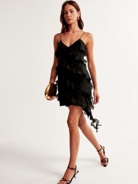 Abercrombie Black Ruffle Midi High Low Ruffle  Dress
